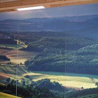 Foto im Holzkompetenzzentrum welches die Symbiose zwischen Wald und Natur sowie im Hintergrund die Windräder veranschaulicht.